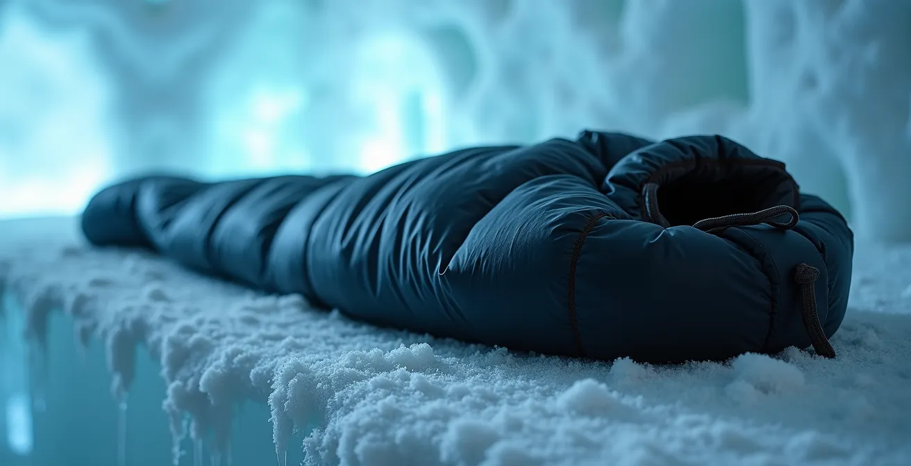 Close-up texture of a Nordic mummy sleeping bag and frost crystals on an ice bed in Quebec's ice hotel