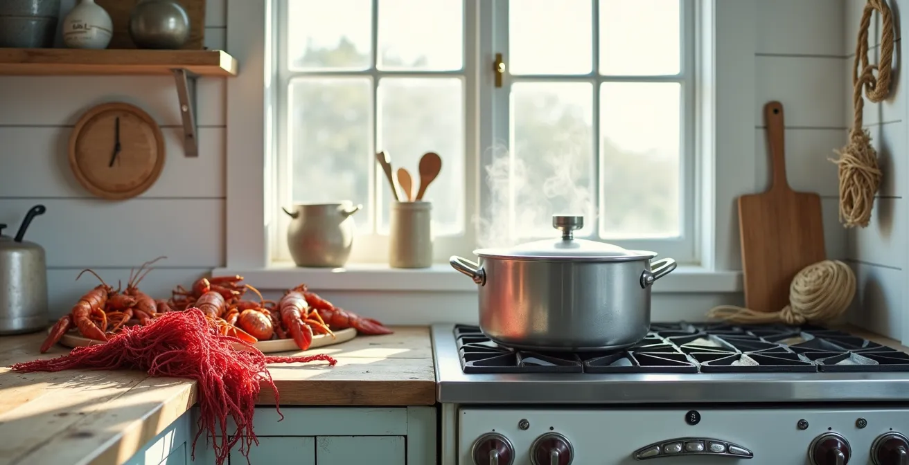 Wide shot of a rustic Maritime kitchen with a large pot of boiling seawater and fresh lobsters nearby