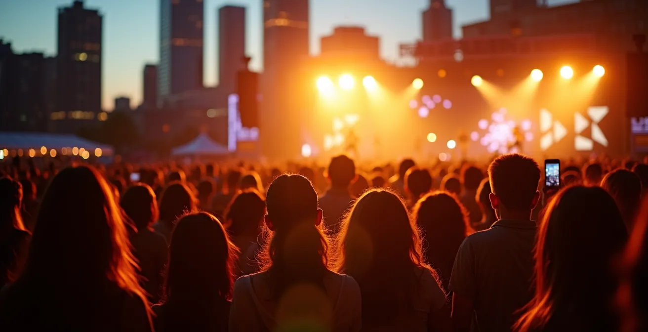 Wide shot of outdoor jazz festival with crowd and stage lights at dusk