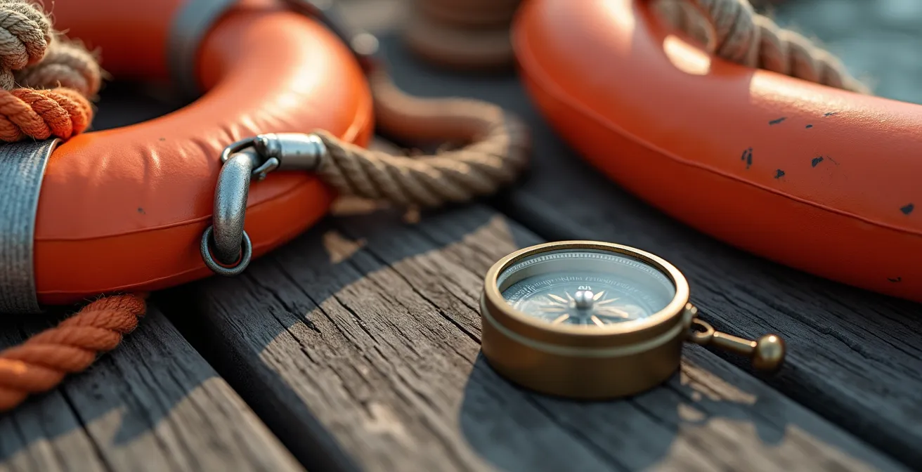 Close-up of essential boating safety equipment arranged on weathered dock wood