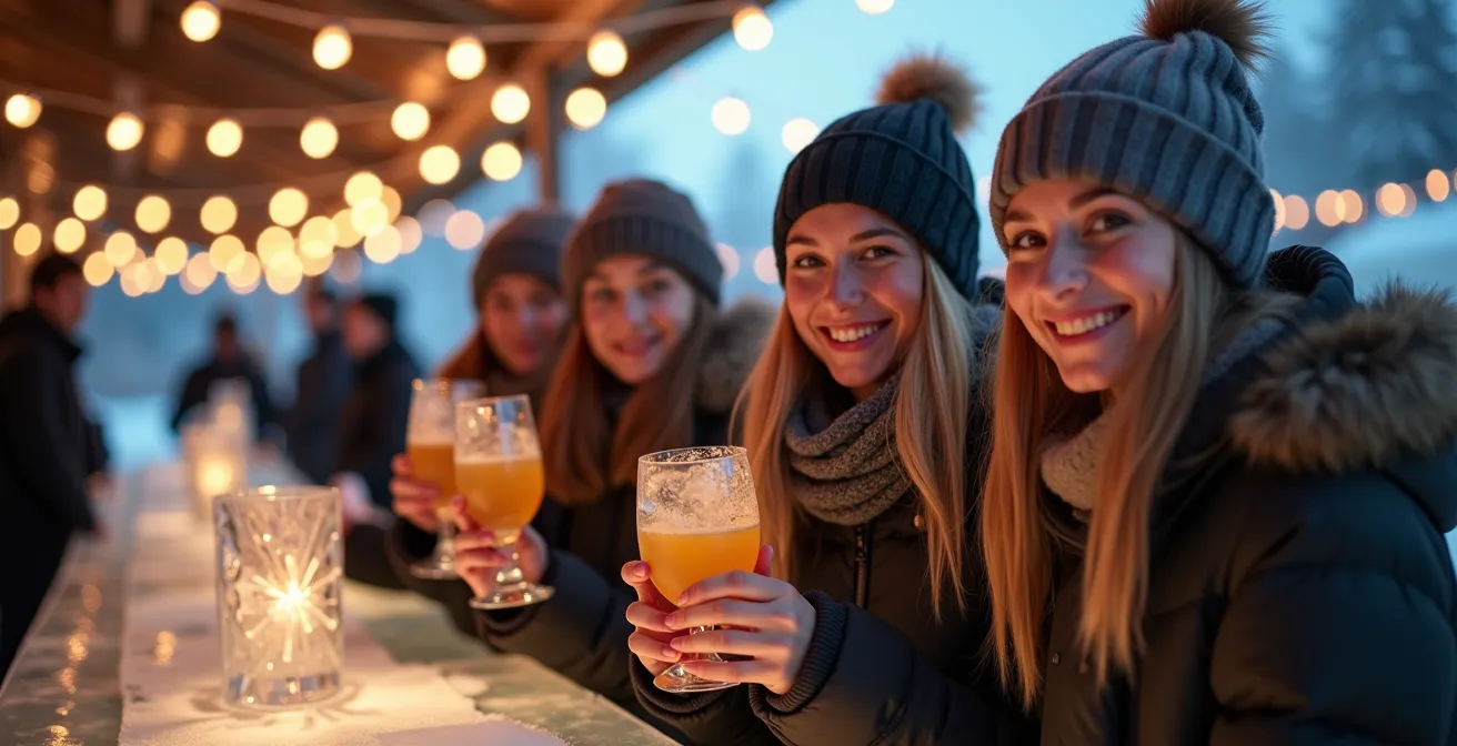 Visitors tasting icewine from glasses made of ice at an outdoor winter festival bar