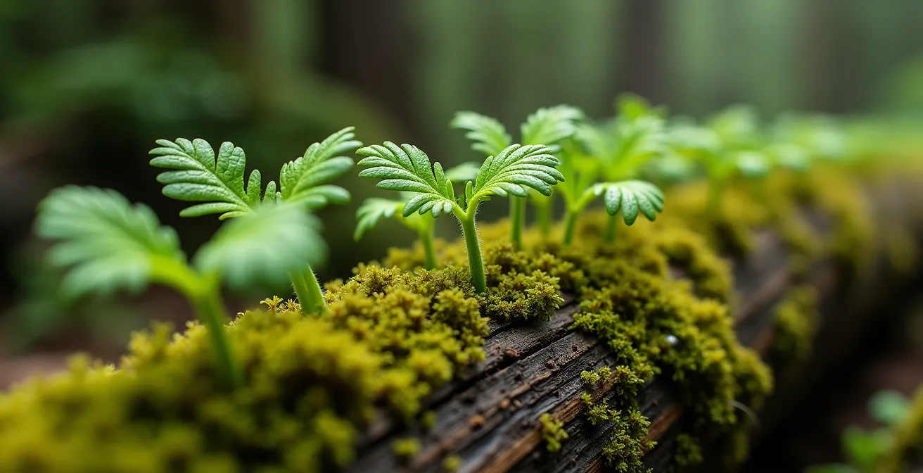 Close-up macro view of seedlings growing in a line on a fallen nurse log covered in moss