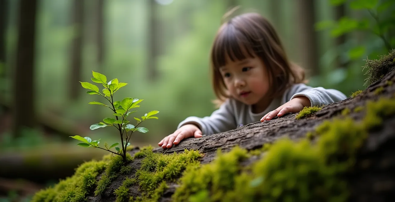Massive fallen cedar trunk covered in moss with young saplings growing from its surface
