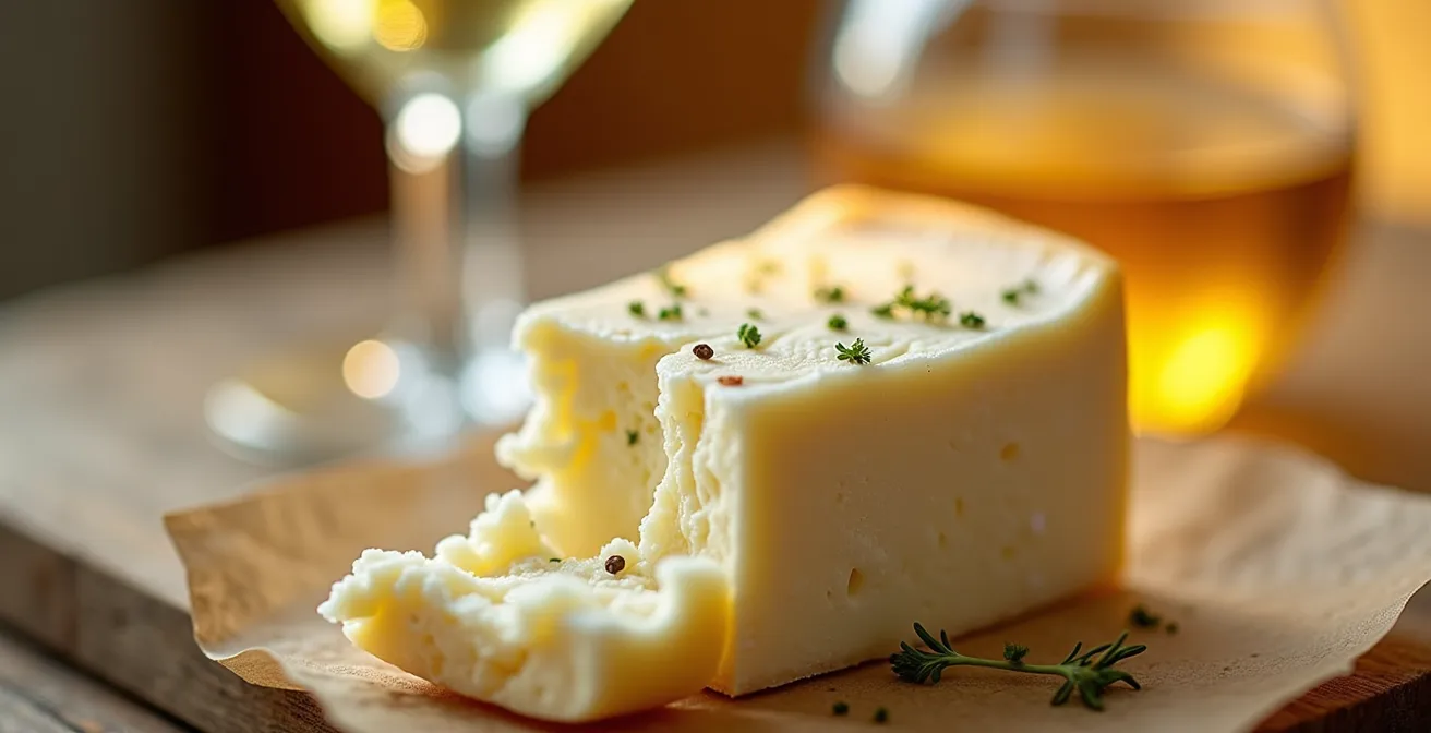 Artisanal goat cheese and Gewürztraminer wine pairing arrangement