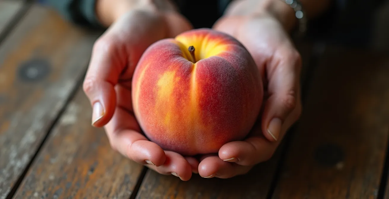 Extreme close-up of fresh peach showing fuzzy texture and natural color variations