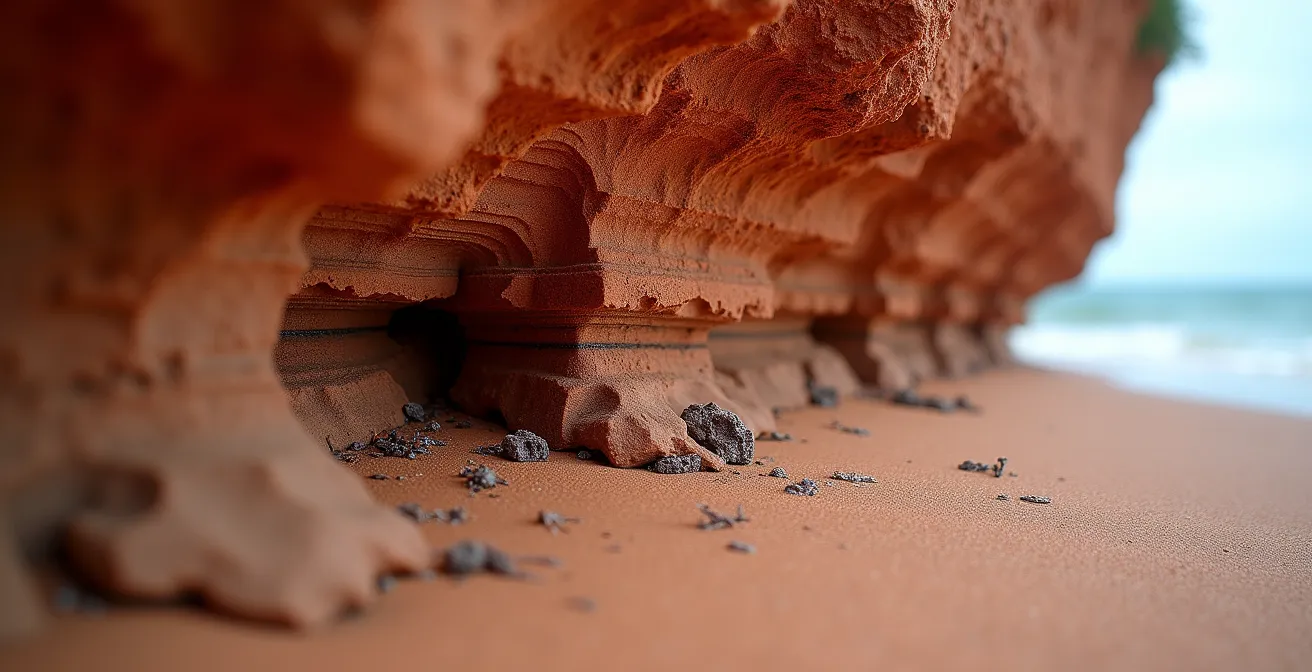 Close-up view of PEI's red sandstone cliff showing visible erosion patterns and danger signs