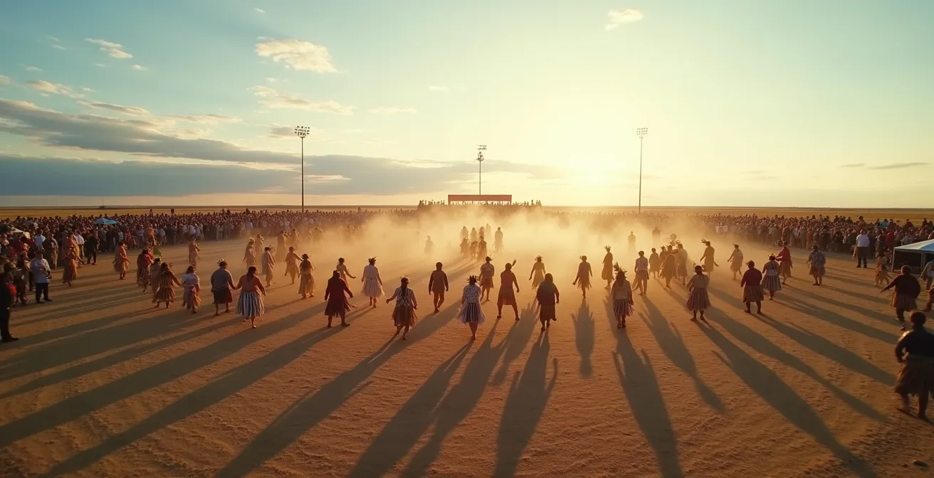 Competition powwow dancers performing at outdoor festival with judges watching from raised platform