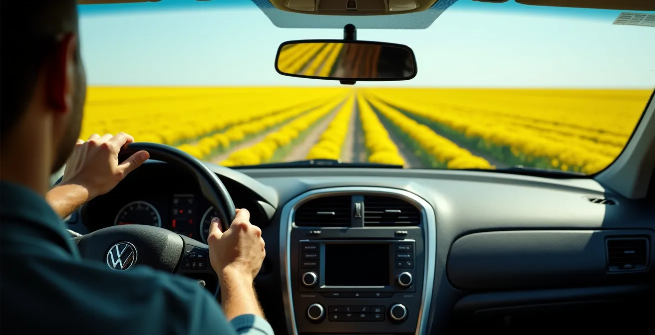 Driver perspective of endless canola fields creating a hypnotic pattern along the Trans-Canada Highway.