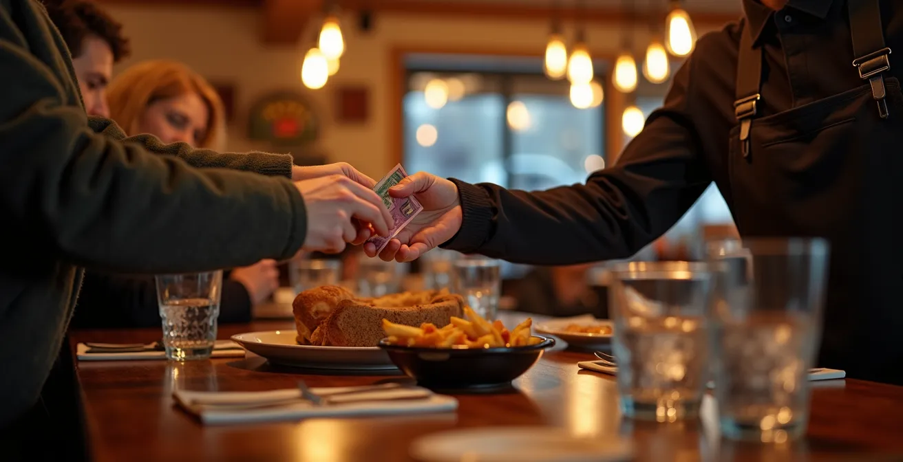 Authentic Quebec brasserie interior showing proper dining etiquette and tipping culture