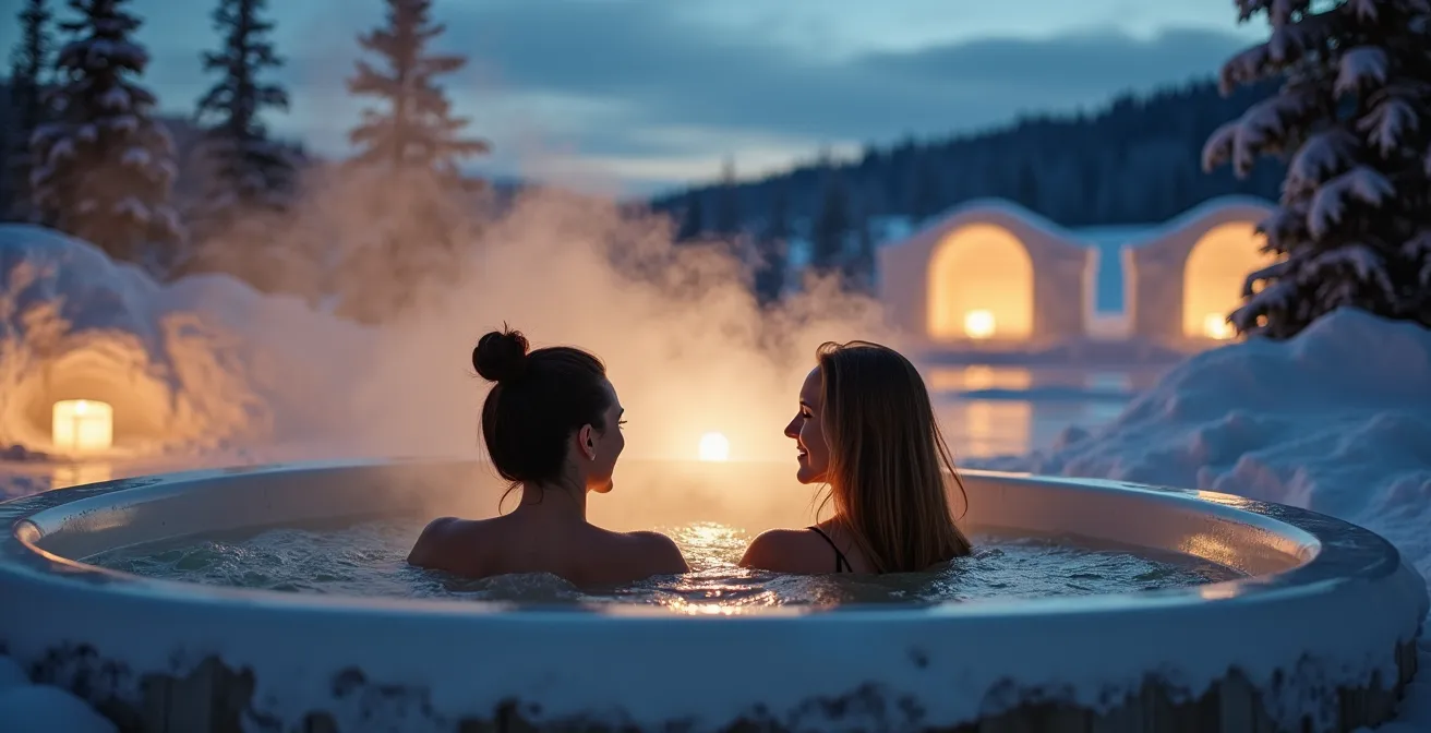 Couple warming up in an outdoor hot tub near Quebec's ice hotel on a snowy night with steam rising into the air