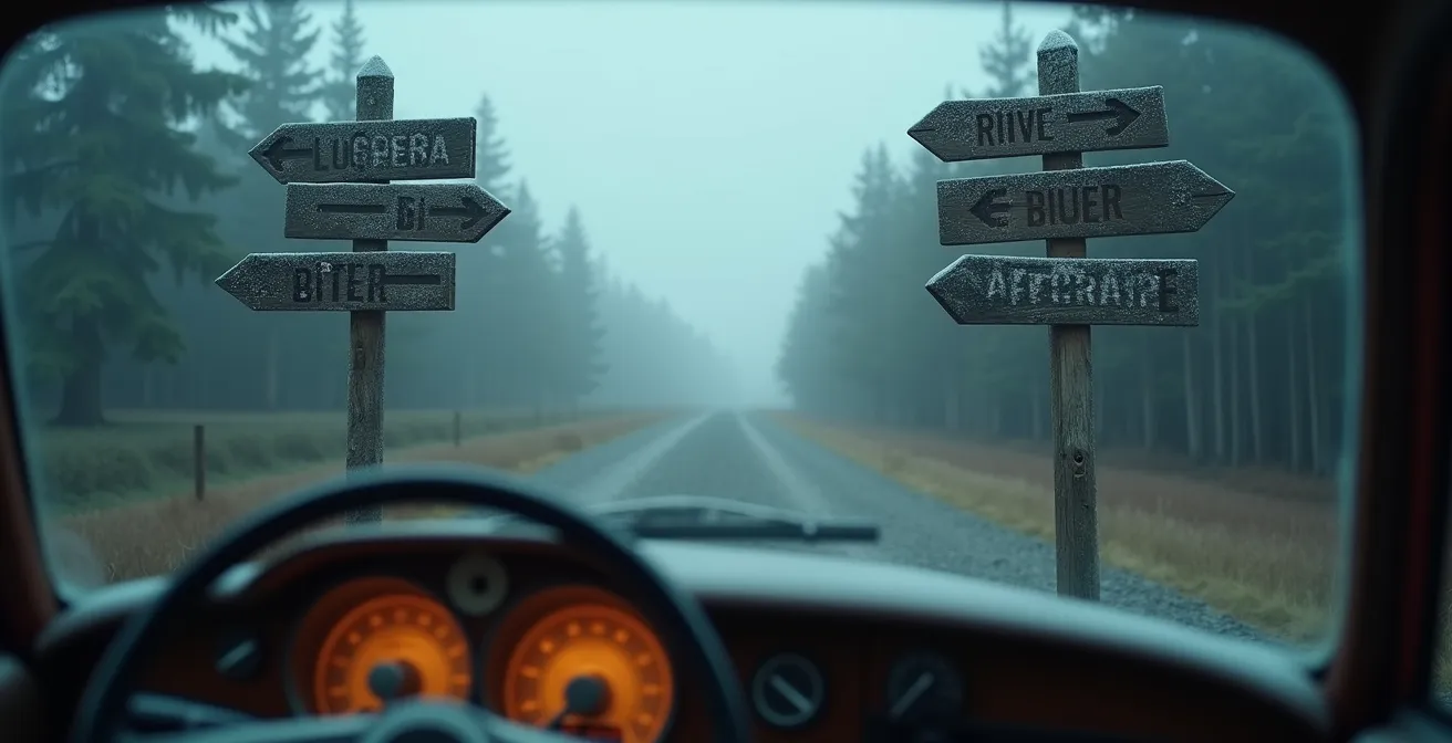 Rural Quebec road with French-only signage demonstrating navigation challenges for English speakers