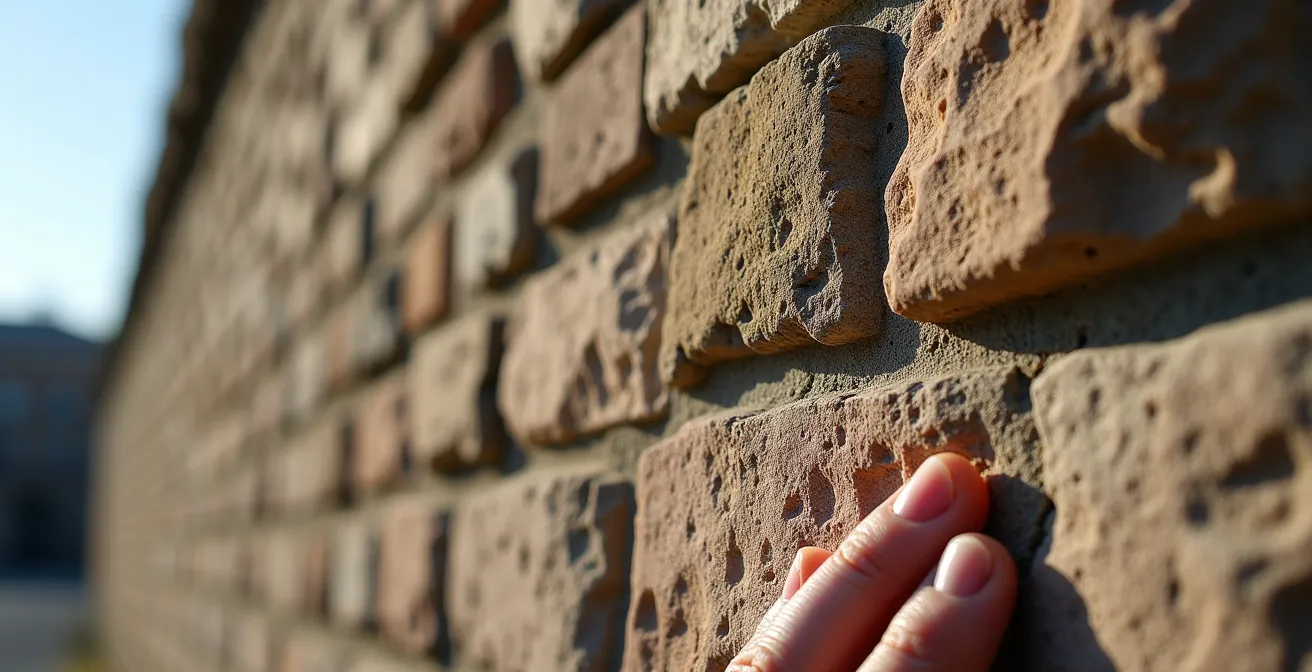 Close-up of Quebec City wall showing different stone masonry periods