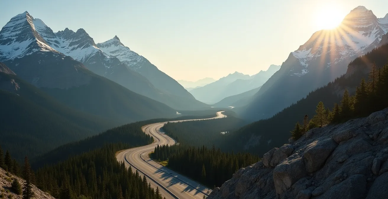 Panoramic mountain landscape showing winding road through multiple peaks and valleys
