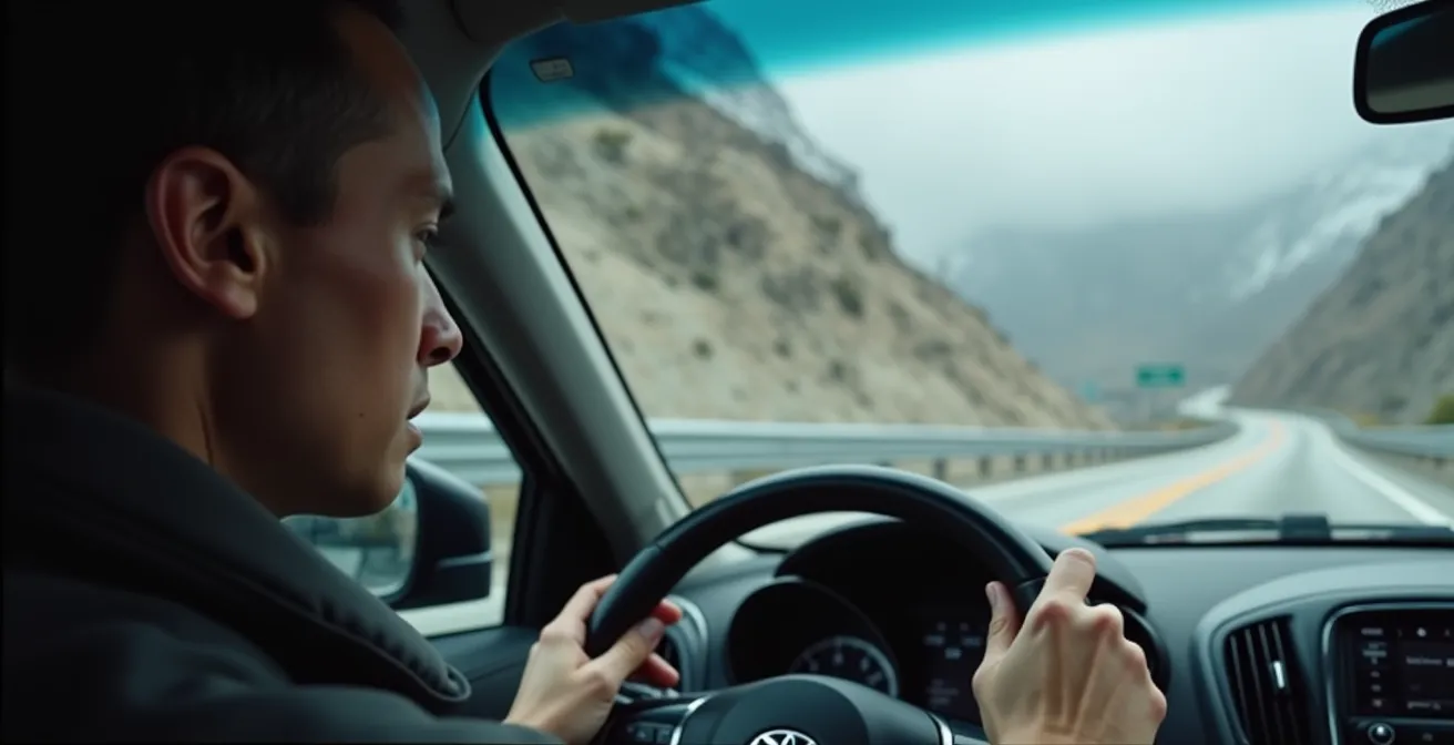 A dramatic mountain highway with a runaway truck lane and a steep grade warning sign, illustrating the intense focus required for mountain driving.