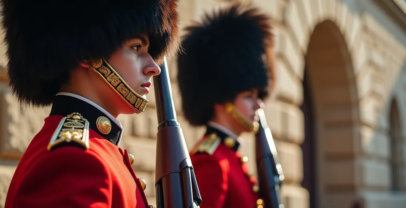 Royal 22e Regiment guards in scarlet uniforms at Citadelle entrance