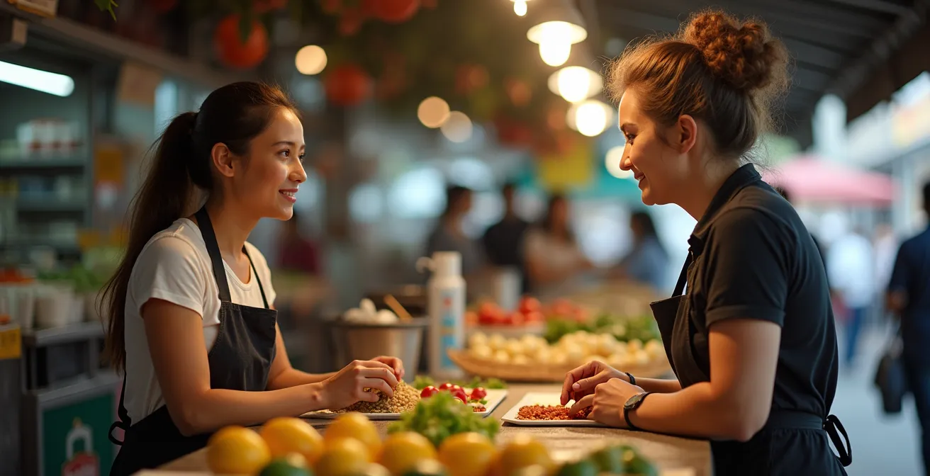 Food vendor and customer engaged in detailed conversation with fresh ingredients displayed on clean surfaces