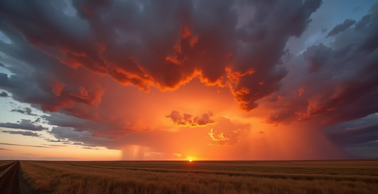 Dramatic prairie sunset with intense orange and purple clouds over flat Saskatchewan horizon