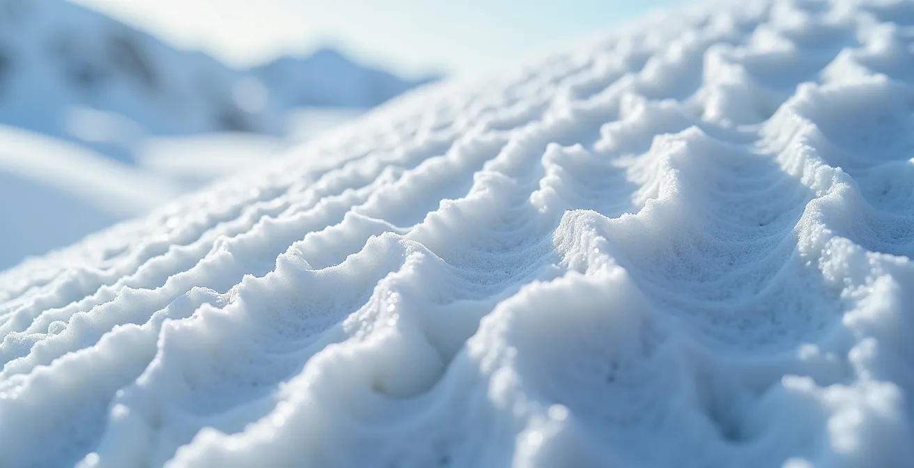 Detailed view of sastrugi snow formations showing directional patterns used for Arctic navigation