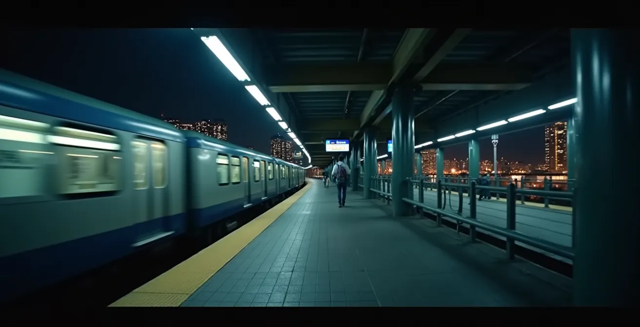Atmospheric night shot of an elevated train platform with city lights in the background, blurred motion of a train.