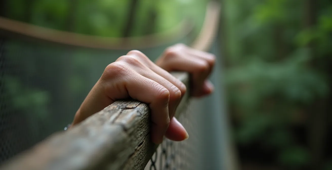 Close-up of hands gripping weathered wooden bridge railings with blurred forest background