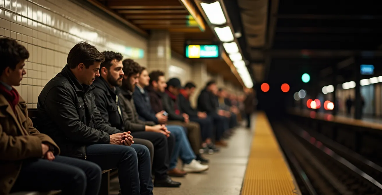 Late night subway platform with artistic lighting and waiting passengers