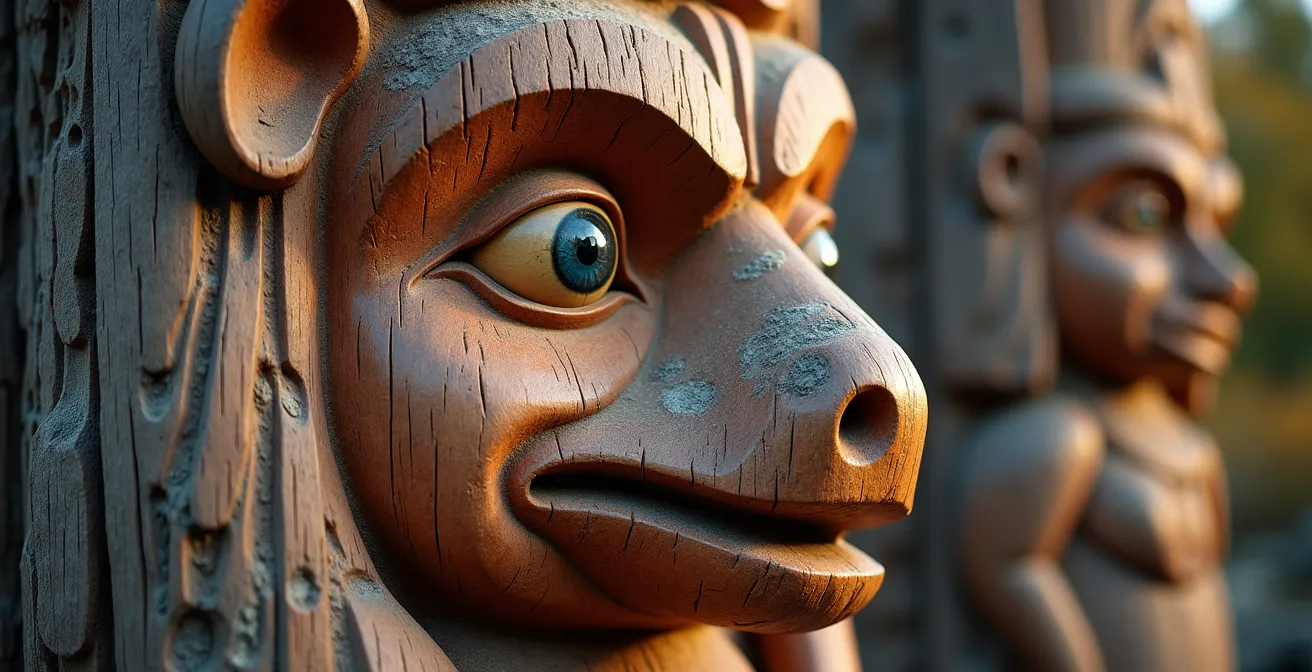 Extreme close-up of an intricately carved bottom figure on a totem pole showing fine detail work