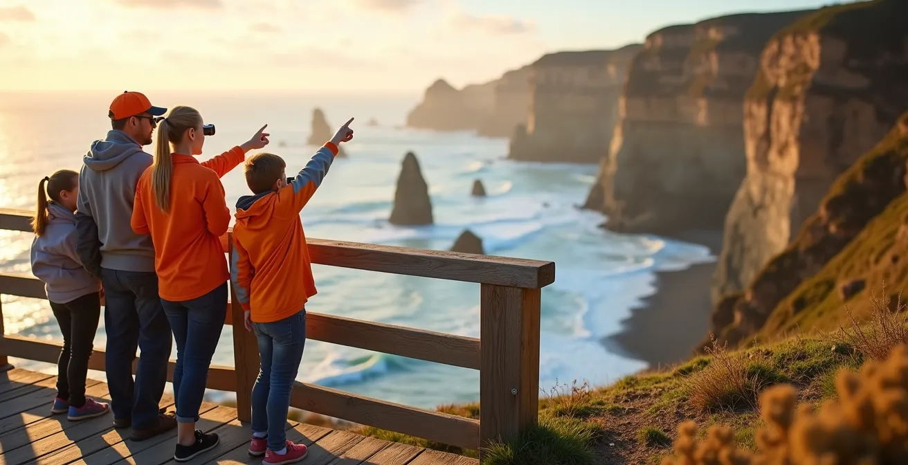 Tourists safely viewing coastal cliffs from a wooden observation platform maintaining proper distance