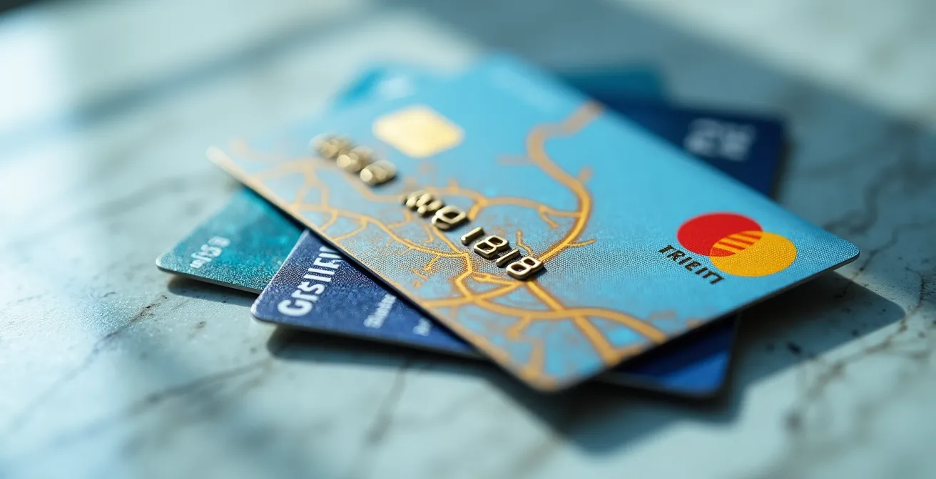 Macro shot of three Canadian transit cards arranged on marble surface