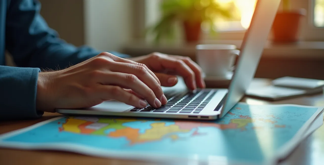 Person planning travel route on laptop with Canadian map visible in background