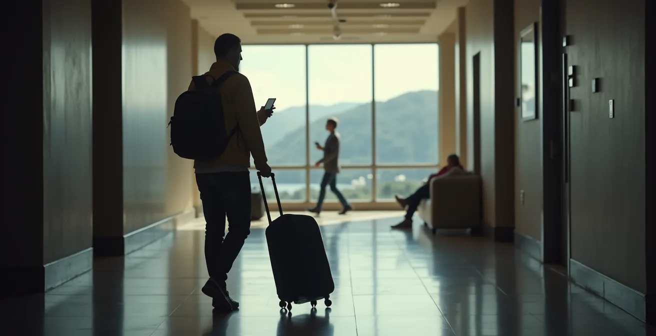 Worried traveler with luggage standing at apartment building entrance, checking phone with concerned expression