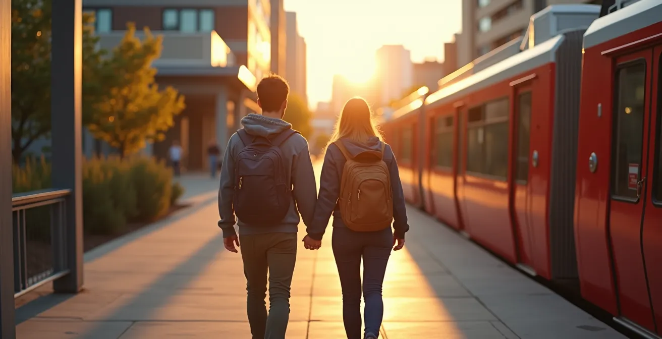 Modern university residence building with C-Train station in foreground during golden hour