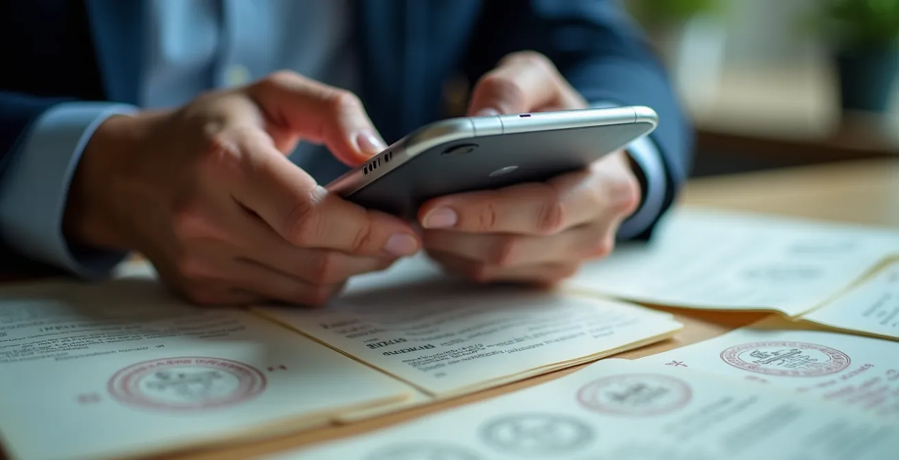 Close-up of hands holding a smartphone showing a verification website interface, with official documents blurred in background