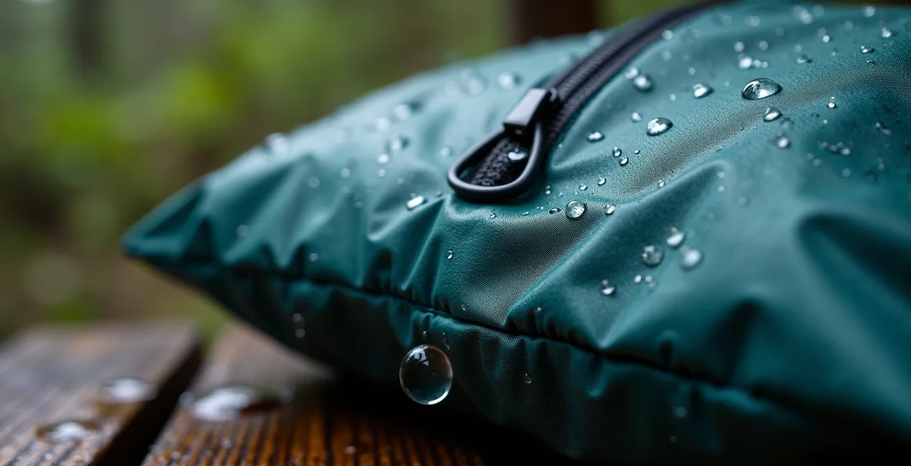 Close-up detail of waterproof hiking gear with rain beading on fabric surface