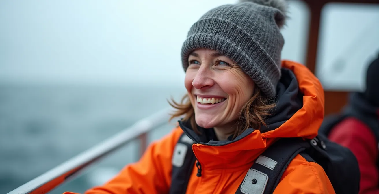A person smiling, properly dressed in a bright orange flotation suit, tuque, and gloves for a cold water zodiac tour.
