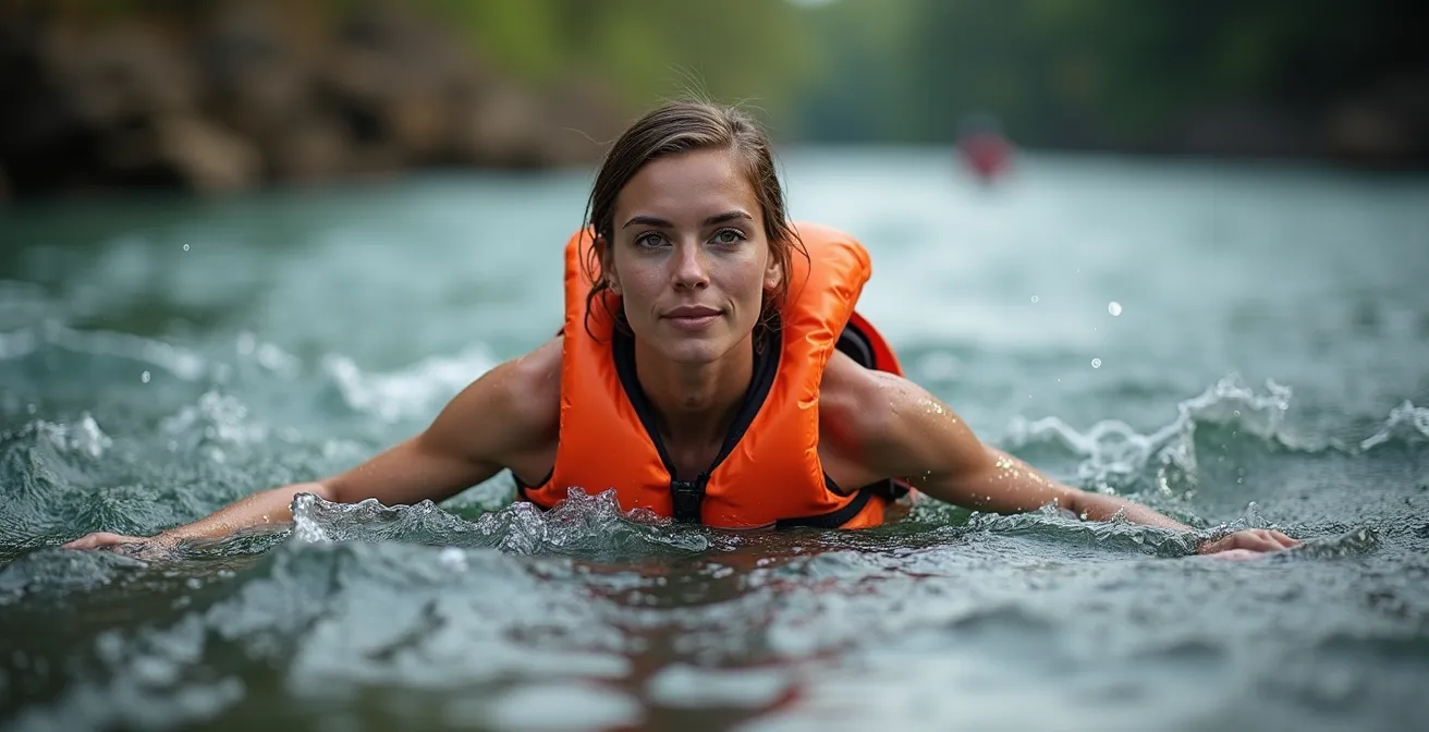 Swimmer demonstrating proper whitewater float position in rapids