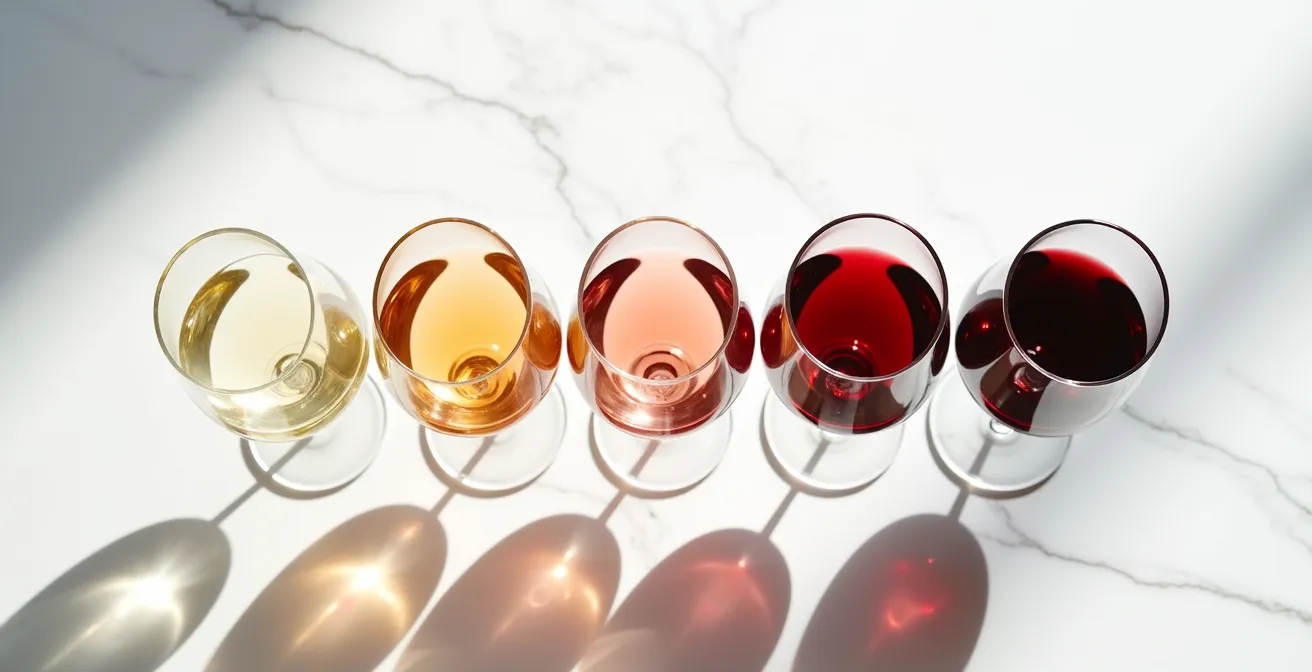 Wine glasses arranged in tasting order from light to bold