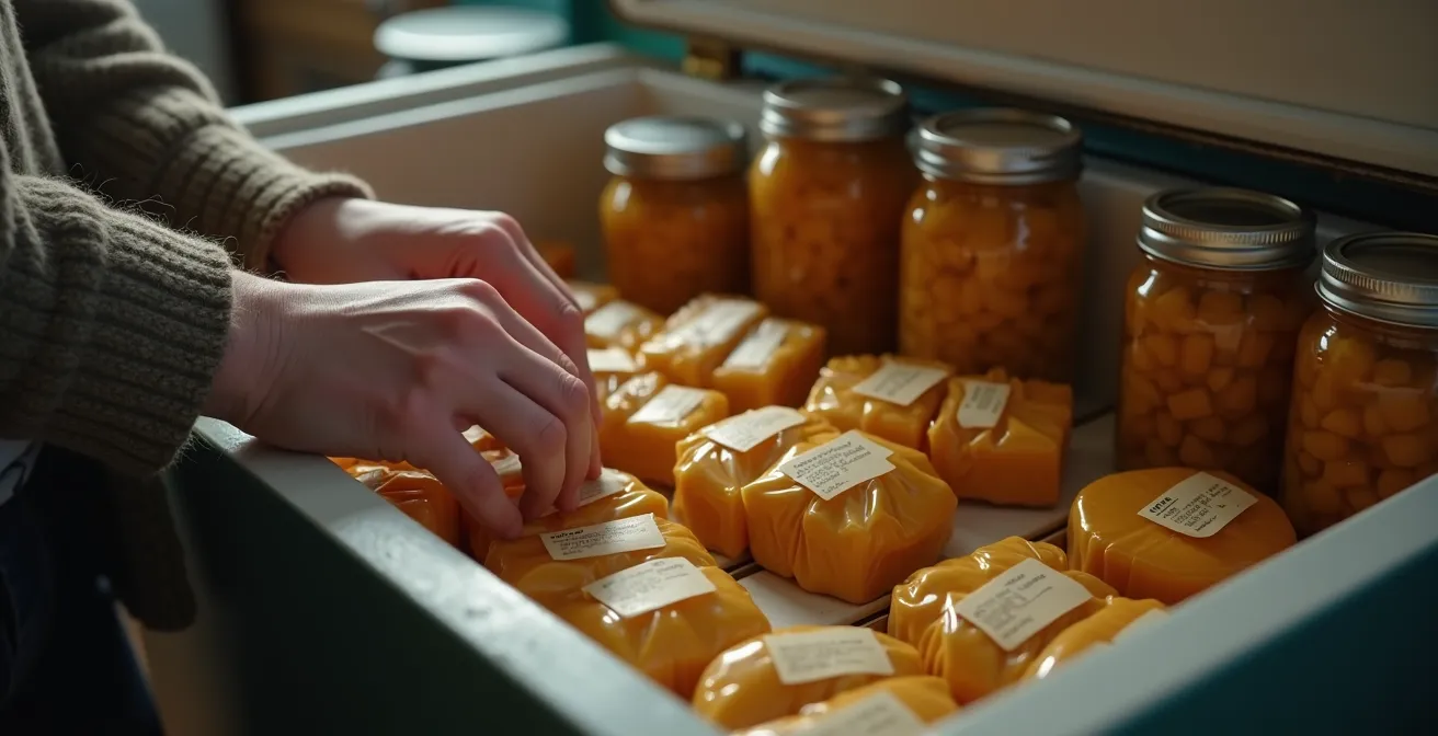 Interior view of an insulated cooler showing organized winter-resistant foods near a wood stove