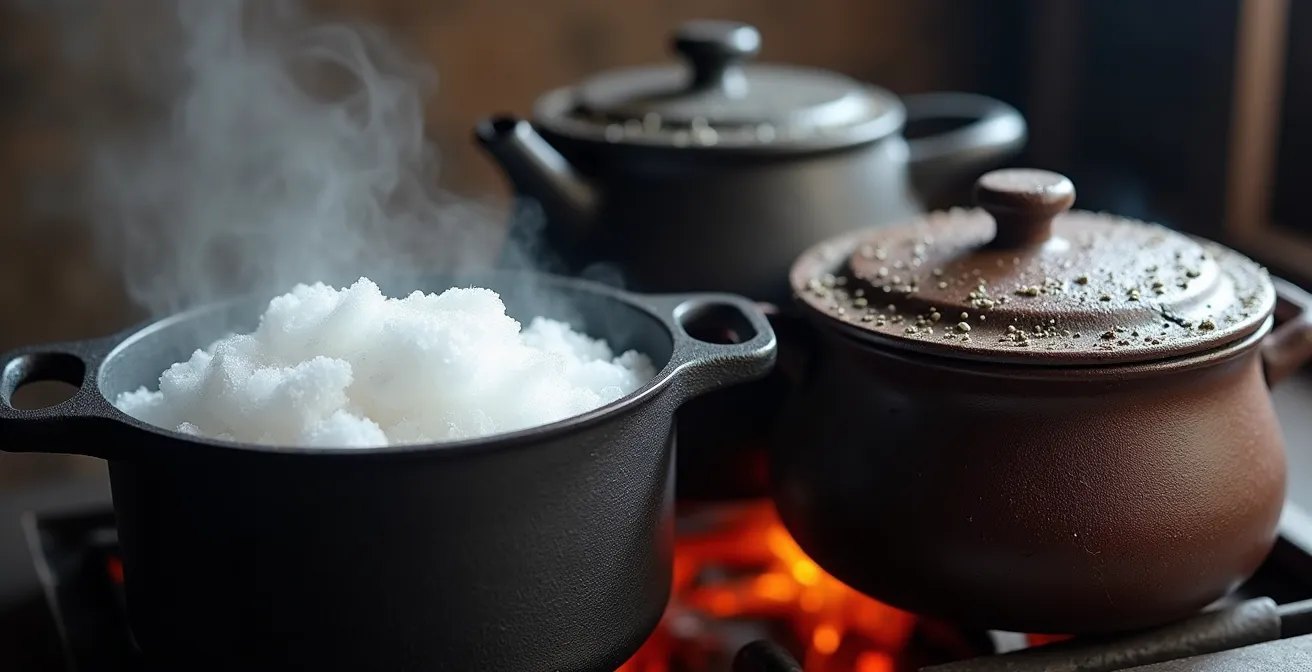 Cast iron pots and kettles arranged on a wood stove surface showing the multi-pot water management system