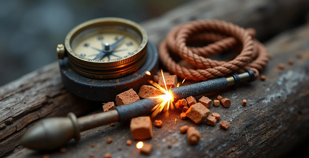 Close-up of wilderness survival gear laid out on weathered wood