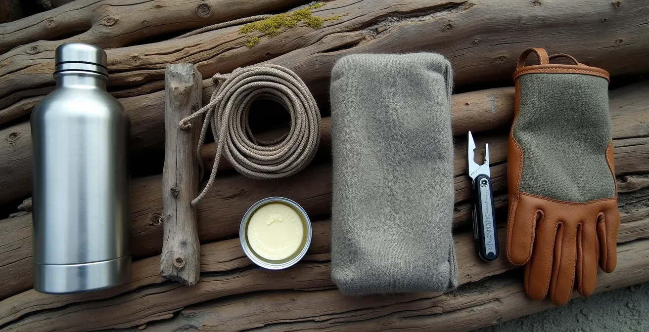 Essential survival gear arranged on a weathered wood surface for Yukon winter hiking