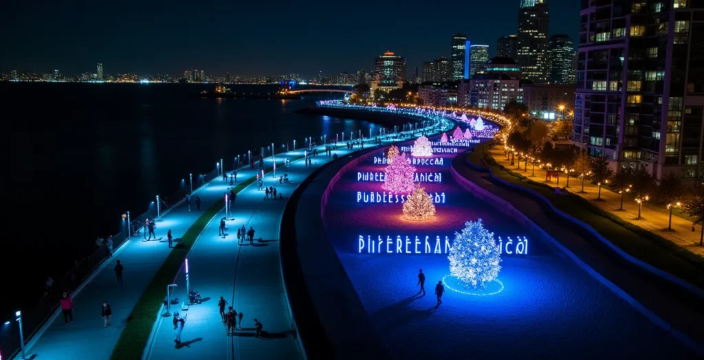 Aerial view of illuminated Toronto waterfront with art installation zones Aerial view of illuminated Toronto waterfront with art installation zones