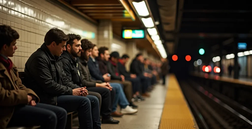 Late night subway platform with artistic lighting and waiting passengers Late night subway platform with artistic lighting and waiting passengers